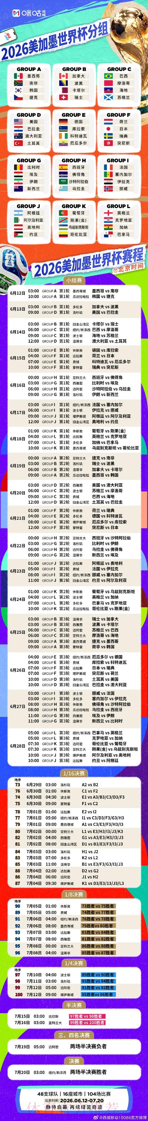 2026世界杯完整赛程时间表 2026世界杯完整赛程时间表